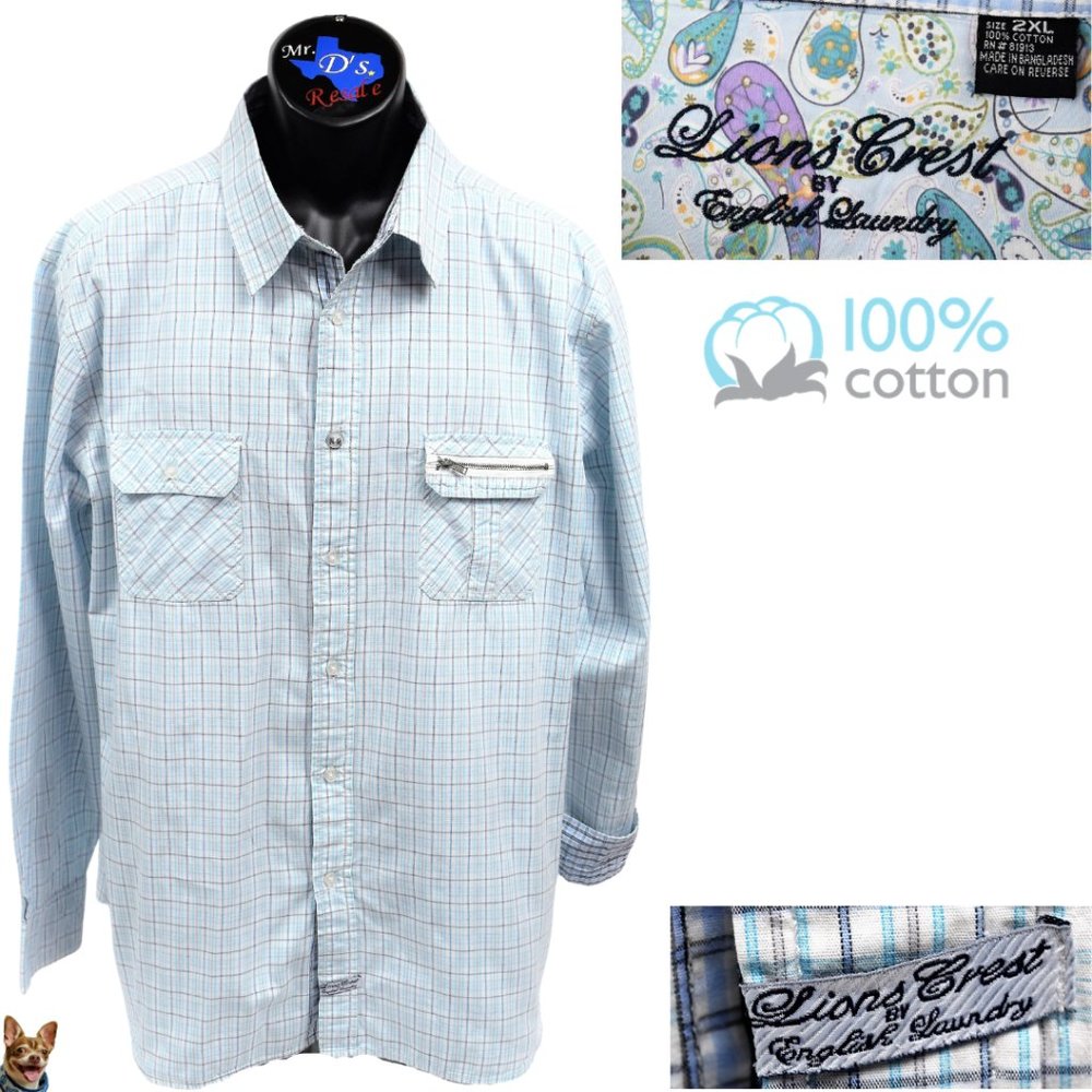 Lions Crest by English Laundry 2XL L/S Blue Plaid
